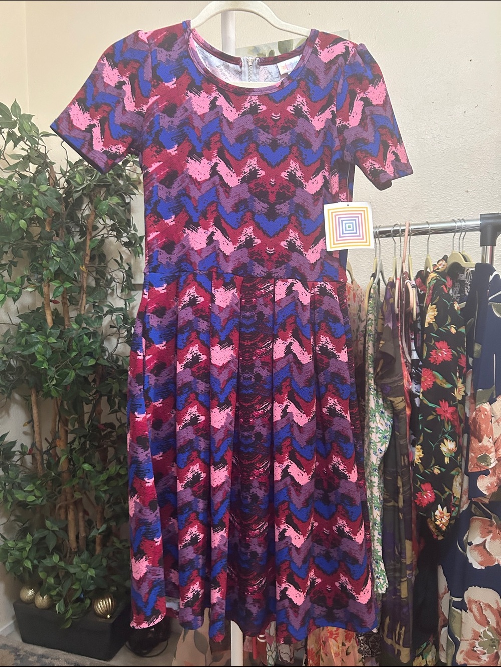 LuLaRoe Pink, Blue & Purple Chevron Midi Dress
